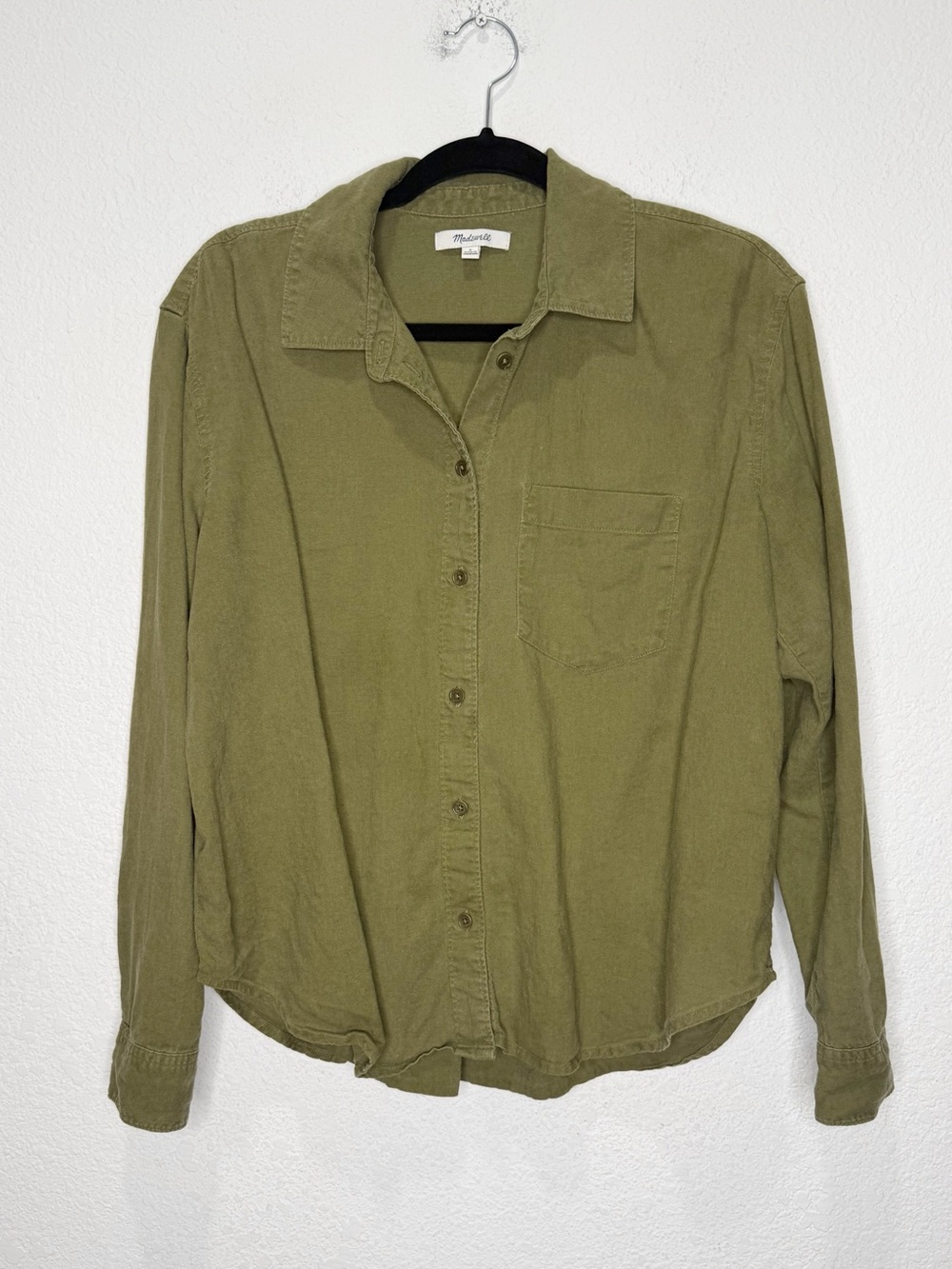 Madewell Linen Blend Button Up Shirt Olive Green Minimalist